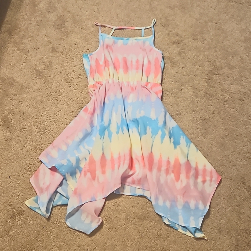 Girls tie dye summer spring spaghetti strap dress size small 526 rainbow